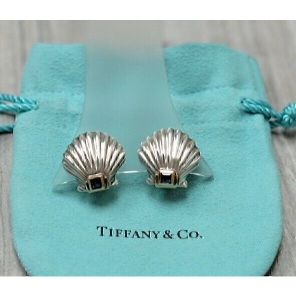 Tiffany & Co Vintage Sterling Silver 14kt Gold Sapphire Shell Earrings - Picture 1 of 6
